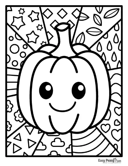 Smiling pumpkin surrounded by patterned background rays.