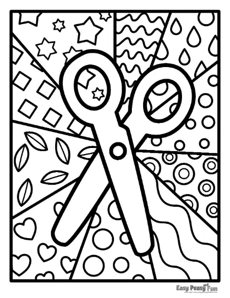 A pair of cartoon safety scissors angled across the page, set against a background filled with stars, squares, leaves, hearts, and polka dots.