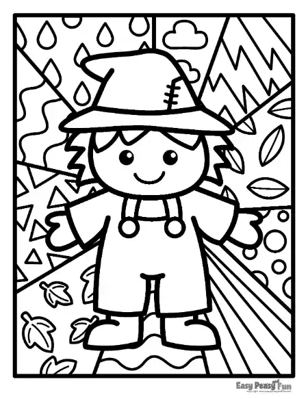 Friendly scarecrow in patched hat standing against patterned quadrants.