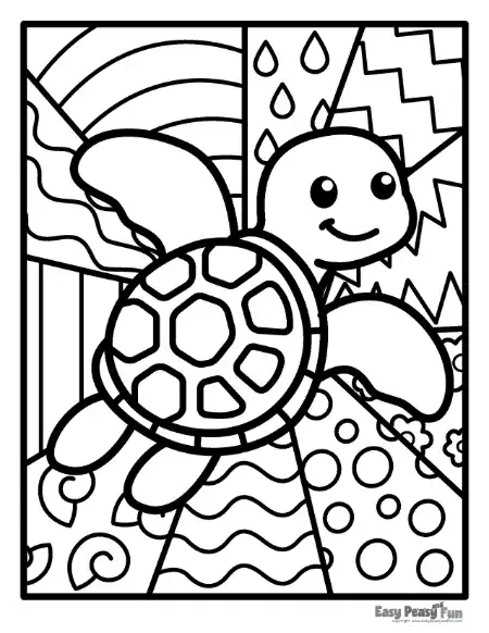 Black and white drawing of a swimming sea turtle showing a detailed hexagonal shell, set over diagonal segments of raindrops, waves, and polka dots.