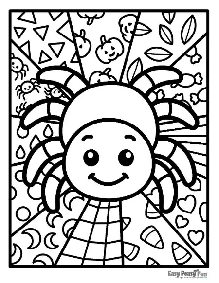 A friendly spider pop art coloring page with big eyes sitting above a web section on a patterned background.