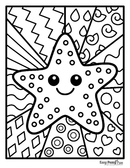 Black and white outline of a dotted starfish with a smiling face, framed by radiant background panels filled with diamonds, spirals, and hearts.