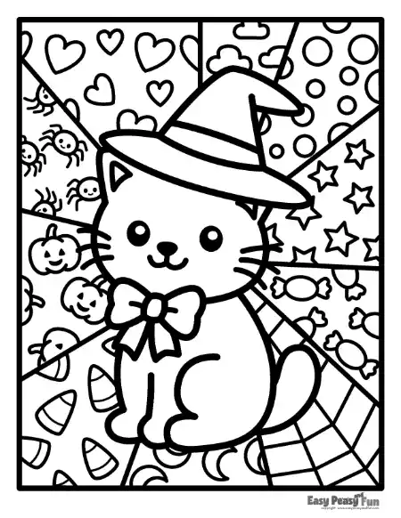 A sitting kitten wearing a witch hat and bow tie against patterned background wedges.