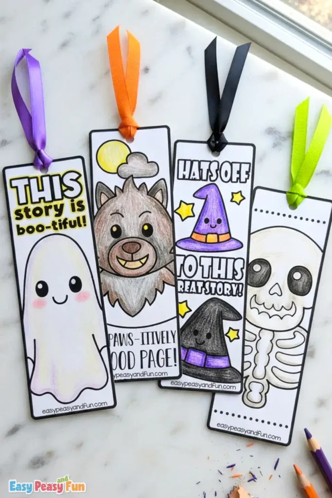Four colored Halloween bookmarks featuring a ghost, a werewolf, witch hats, and a skeleton with colorful ribbons attached.
