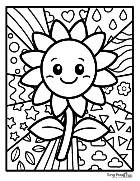 Smiling sunflower with leaves and pattern-filled background segments.