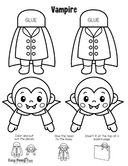 Printable bookmark outline of a vampire body and fanged head.