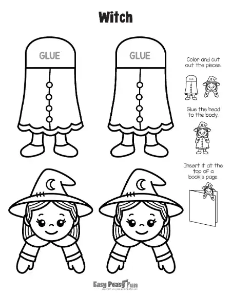 Printable black and white outline template showing a buttoned witch dress body with a glue tab and a witch-hat-wearing smiling head.