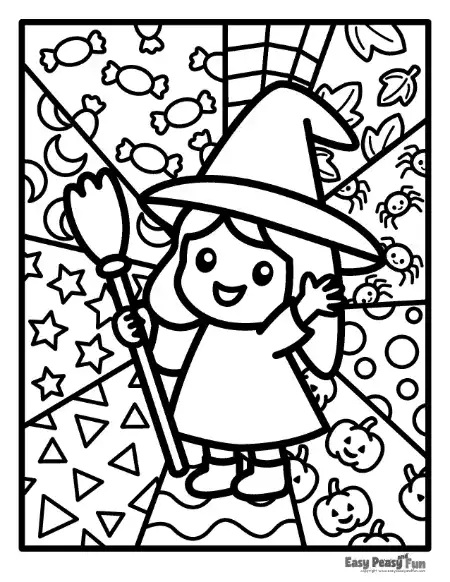 A cute Halloween pop art coloring page with a witch holding a broomstick against a panel background with candies, stars and more.