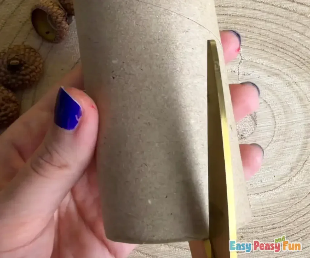 Scissors slice down the length of a brown cardboard tube to prepare the stem material.