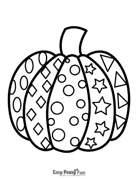 A black and white line drawing of a pumpkin featuring different geometric shapes like circles, diamonds, and stars on each section.