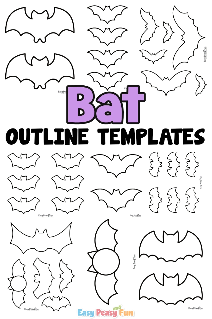 A sheet displaying multiple different styles and sizes of black-and-white bat outline templates surrounding the text "Bat OUTLINE TEMPLATES".
