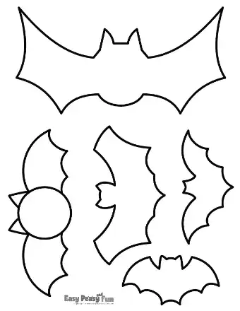 A printable sheet displaying multiple distinct bat cutout shapes in various orientations with detailed wing contours.