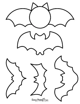 A template page showing a mix of flying bats with diverse body proportions, ranging from round-headed designs to wide-winged silhouettes.