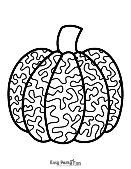 A black and white pumpkin coloring page filled with intricate, wavy doodle patterns across all sections.