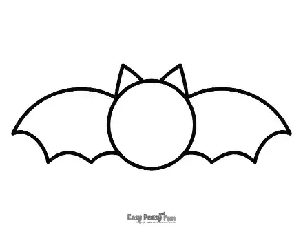 Printable giant bat template featuring a simple round head with pointed ears and wide-spread, rounded wings.