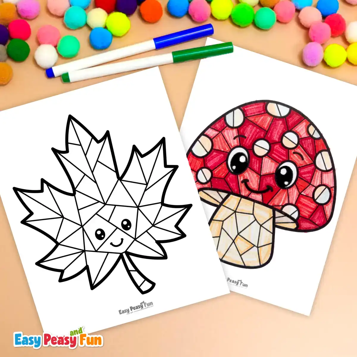 Two printable coloring pages—one uncolored smiling maple leaf and one fully colored red mushroom—surrounded by colorful markers and pom-poms.