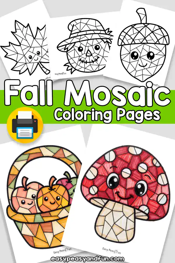 A colorful preview layout displaying various fall mosaic coloring pages such as a maple leaf, scarecrow, acorn, apple basket, and mushroom.