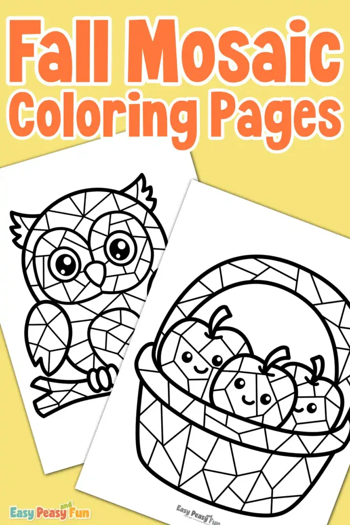 A promotional layout featuring printed mosaic coloring pages of an owl and an apple basket under the title text.