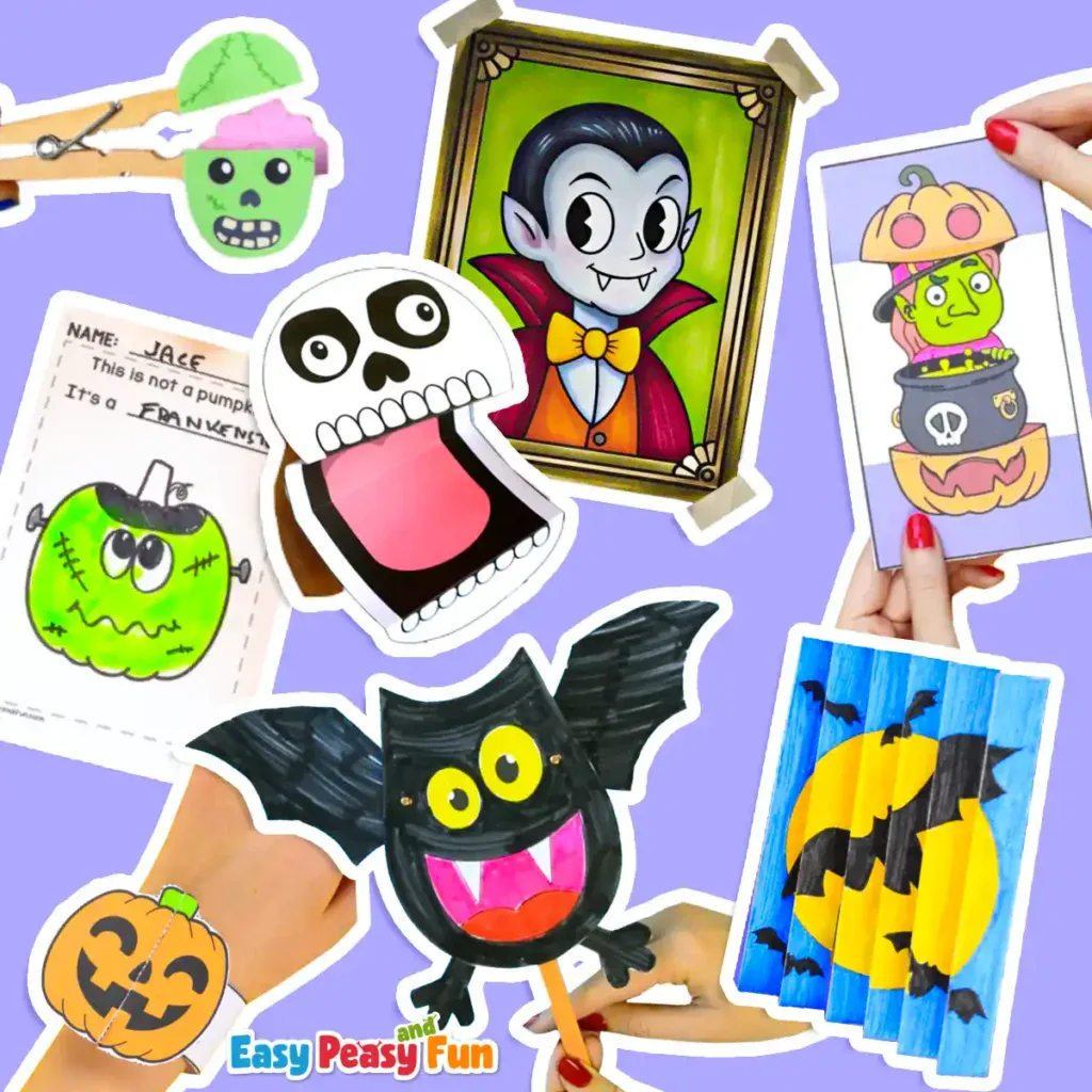 A collection of Halloween crafts for kids, featuring a Frankenstein disguise page, skeleton and bat puppets, a vampire portrait, a witch mix-and-match craft, a pumpkin bracelet, an agamograph card, and a clothespin skull craft.