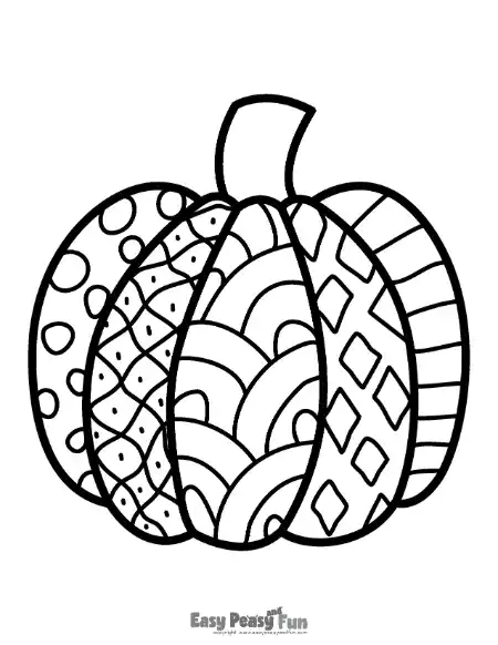 A black and white pumpkin line drawing featuring a mix of geometric patterns, dots, waves, and diamonds.
