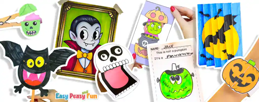 A collage of colorful printable Halloween crafts for kids, including a bat puppet, skeleton puppet, vampire portrait, pumpkin bracelet, and more.