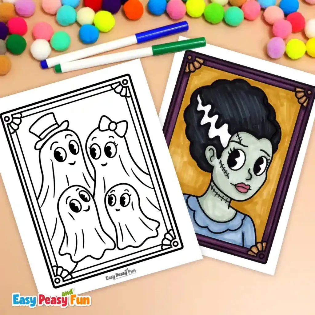 A ghost coloring page and a colored Bride of Frankenstein portrait with craft supplies.
