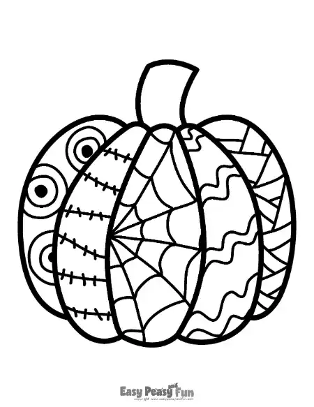 A black and white pumpkin coloring page featuring themed sections including a spider web, stitches, and spiral eyes.