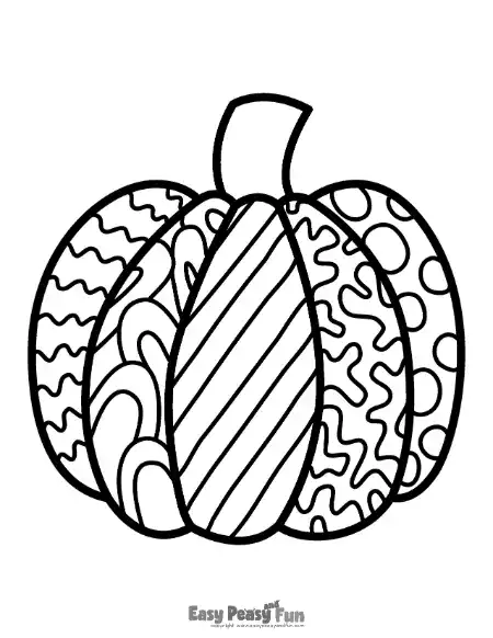 A black and white pumpkin line drawing decorated with a variety of doodle designs, including stripes, loops, and polka dots.
