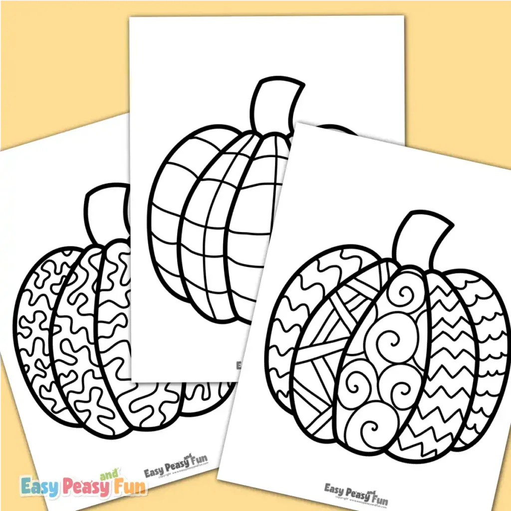 A stack of three printable pumpkin pattern coloring pages.