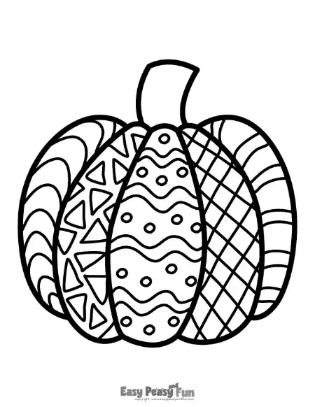 A black and white pumpkin coloring page featuring sections filled with polka dots, triangles, waves, and crisscross lines.