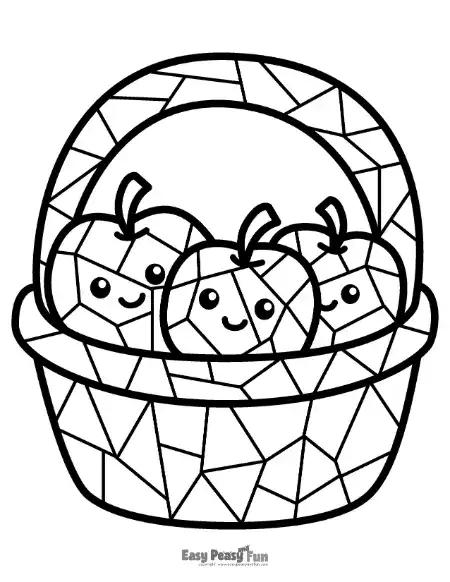 A woven basket filled with three happy, smiling apples rendered in a mosaic style.