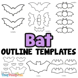 A collection of various black-and-white printable bat outlines arranged around the text "Bat OUTLINE TEMPLATES".