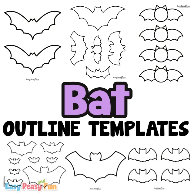 A collection of various black-and-white printable bat outlines arranged around the text "Bat OUTLINE TEMPLATES".