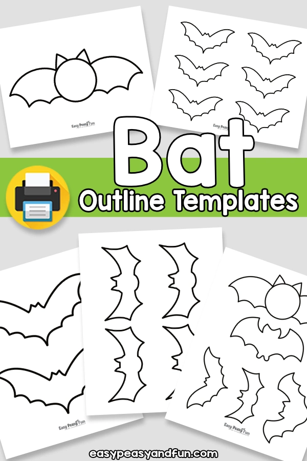 Several paper sheets featuring different black-and-white bat outlines are arranged around a green banner that reads "Bat Outline Templates".