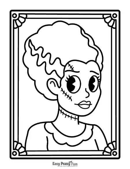 Outline coloring page featuring a retro-style Bride of Frankenstein's monster with signature streaked hair, stitches, and a ruffled collar inside a decorated rectangular frame.
