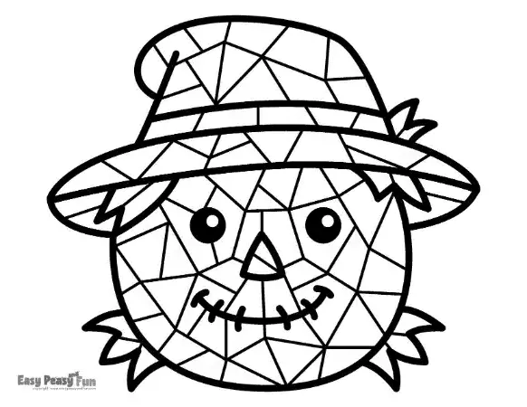 A geometric mosaic illustration of a friendly scarecrow wearing a wide-brimmed straw hat