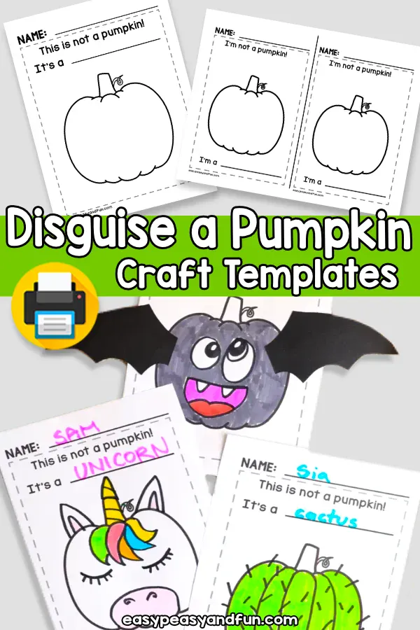 A display of "Disguise a Pumpkin" craft templates featuring blank outlines and finished examples colored like a bat, unicorn, and cactus.