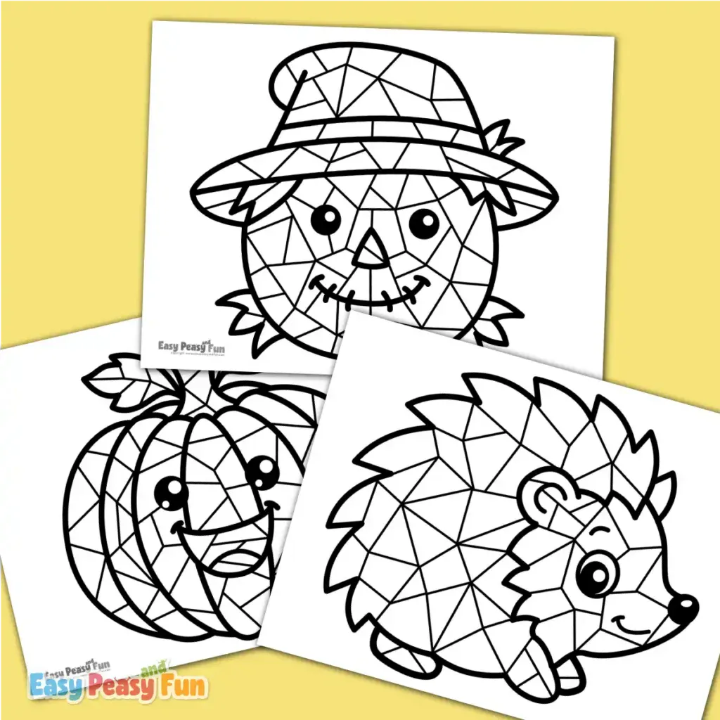 Three printable coloring sheets featuring geometric mosaic outlines of a scarecrow, a smiling pumpkin, and a hedgehog.