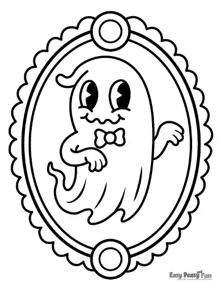 Outline coloring page of a cute retro-style ghost wearing a bow tie and waving, set inside an ornate oval frame.