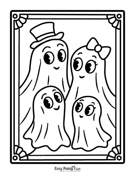 Outline coloring page of a cheerful family of four vintage-style ghosts, including one in a top hat and one with a hair bow, framed inside a rectangular border.