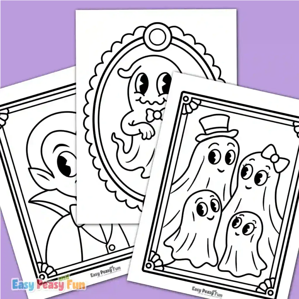 Three Halloween portrait templates featuring a vampire, a ghost, and a ghost family.