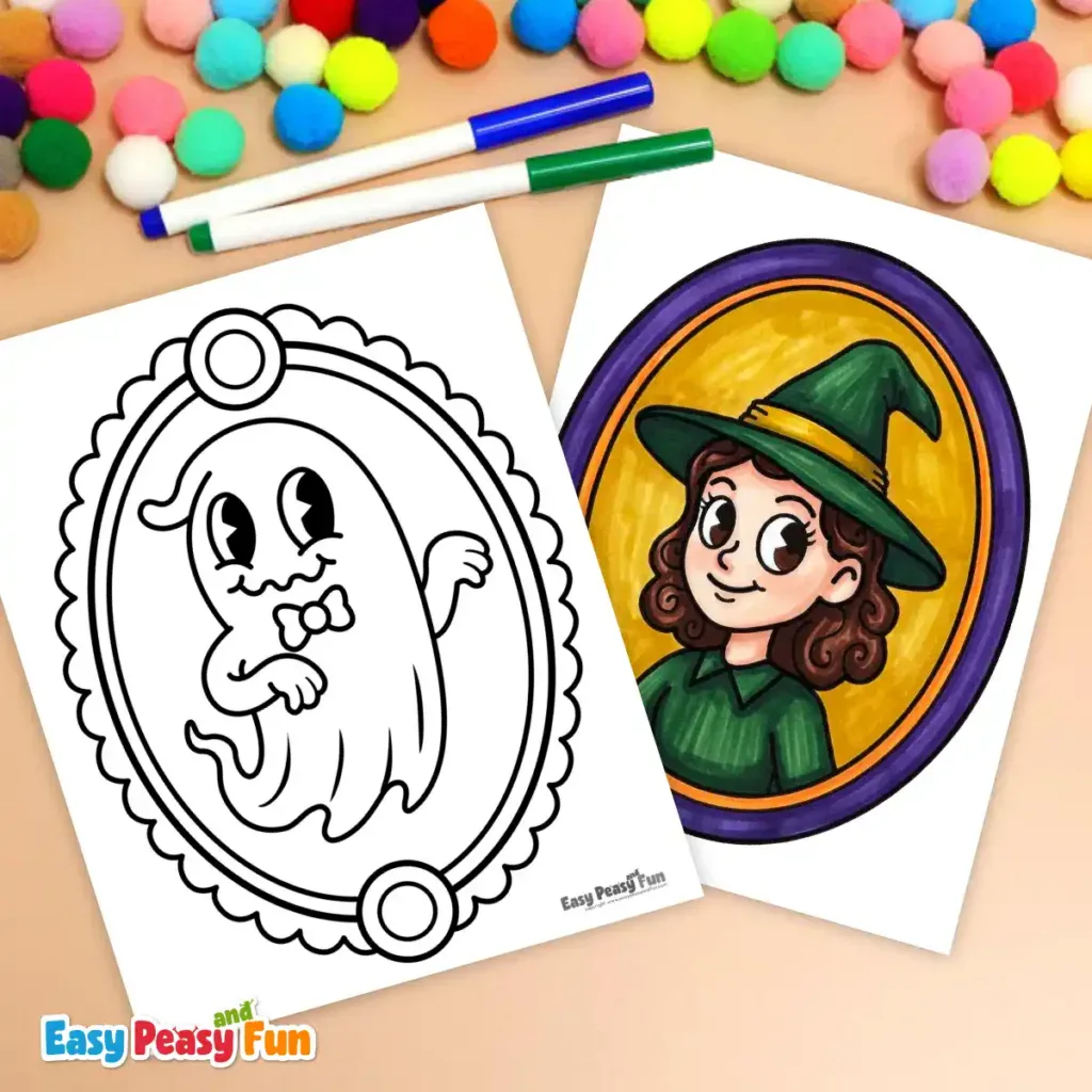 A printable ghost coloring sheet and a colored witch portrait with markers and pom-poms.
