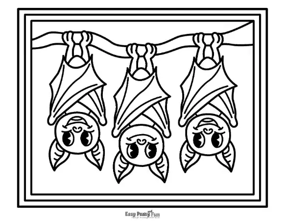 Outline coloring page featuring three cute cartoon bats hanging upside down from a tree branch within a rectangular border.
