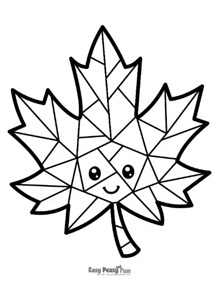 A mosaic-patterned maple leaf featuring a friendly face with smiling eyes.