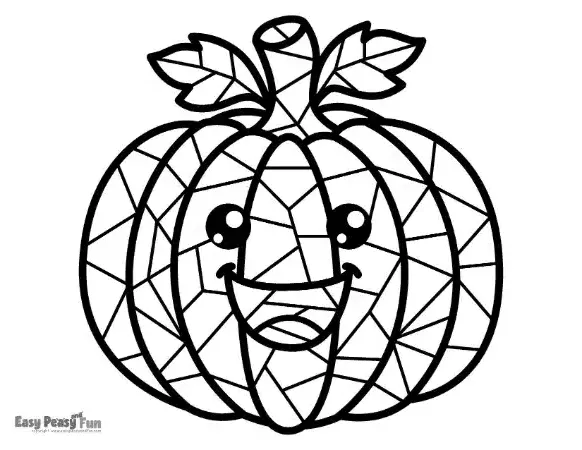 A mosaic-style pumpkin coloring page with carved line details and a cheerful face.