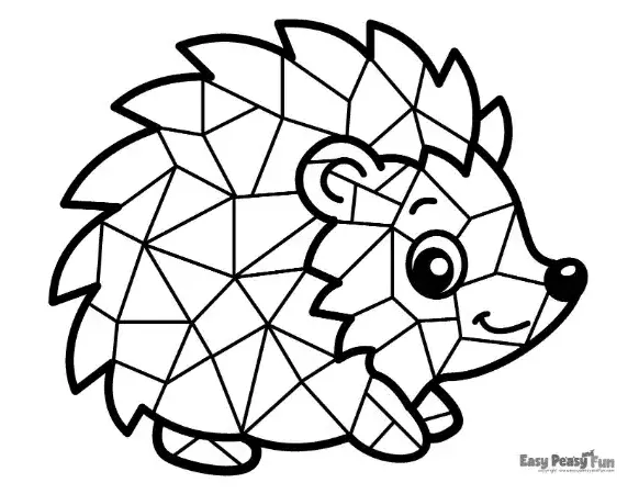 A bold, geometric mosaic outline of a cute hedgehog curled up with smiling features.