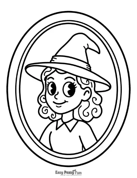 Outline coloring page depicting a smiling young witch with curly hair wearing a pointed hat, framed in a simple oval border.