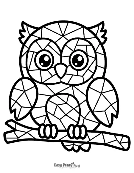A geometric mosaic coloring sheet featuring a wide-eyed owl perched on a tree branch