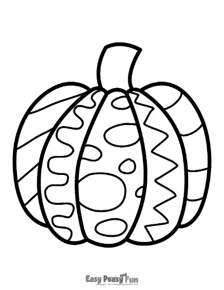 A black and white pumpkin outline decorated with organic shapes, spots, and zigzag lines