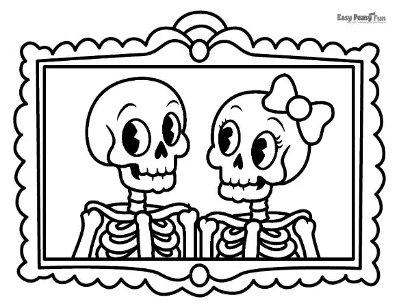 Outline coloring page showing two vintage-style cartoon skeletons side-by-side inside a decorative scalloped frame, with one skeleton wearing a hair bow.